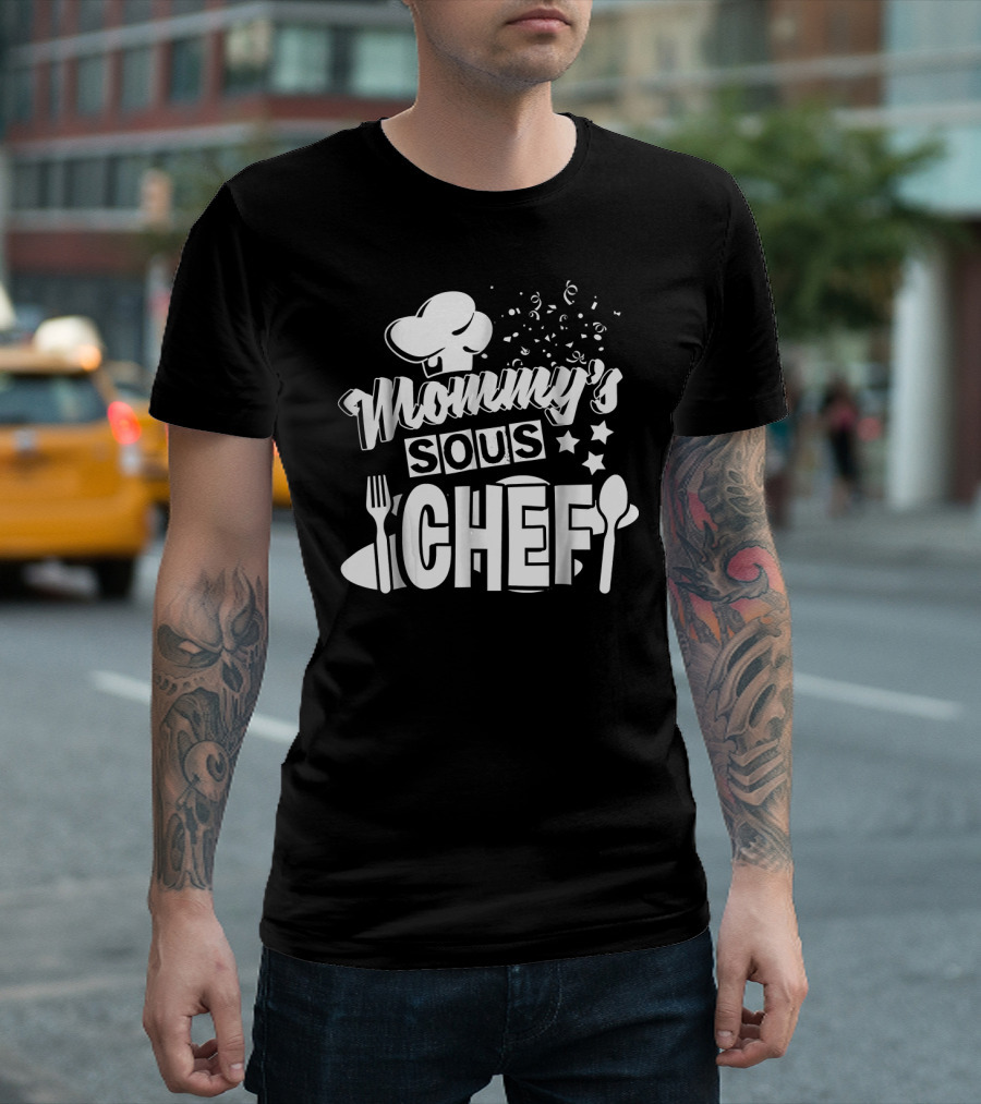 Mommy's Sous Chef Kid's Cooking with Chef Hat Confetti Stars Fork Spoon T-Shirt