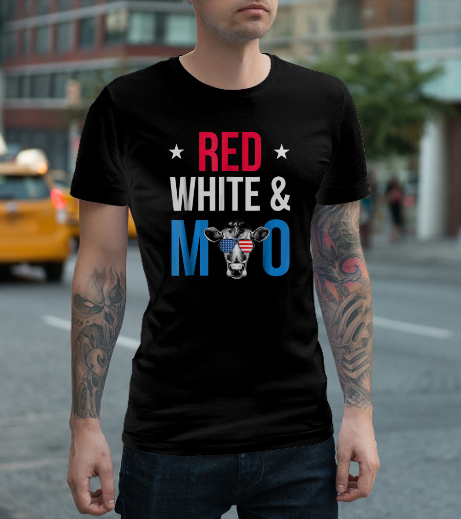 RED WHITE and MOO Patriotic USA Flag Cow with Stars and Sunglasses T-Shirt