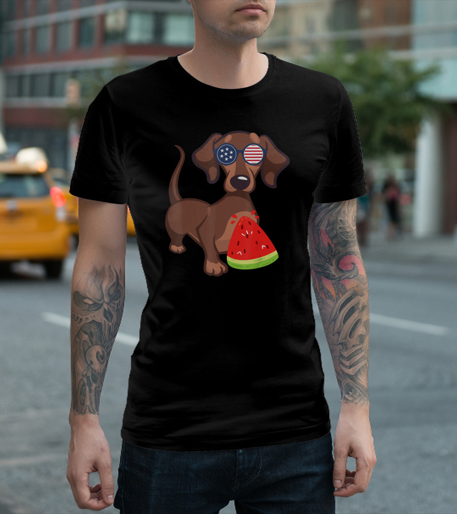 Dachshund with American Flag Sunglasses and Watermelon for 4th of July T-Shirt