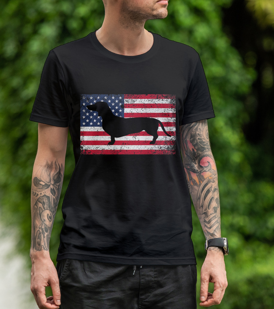 Dachshund Silhouette American Flag Patriot July T-Shirt