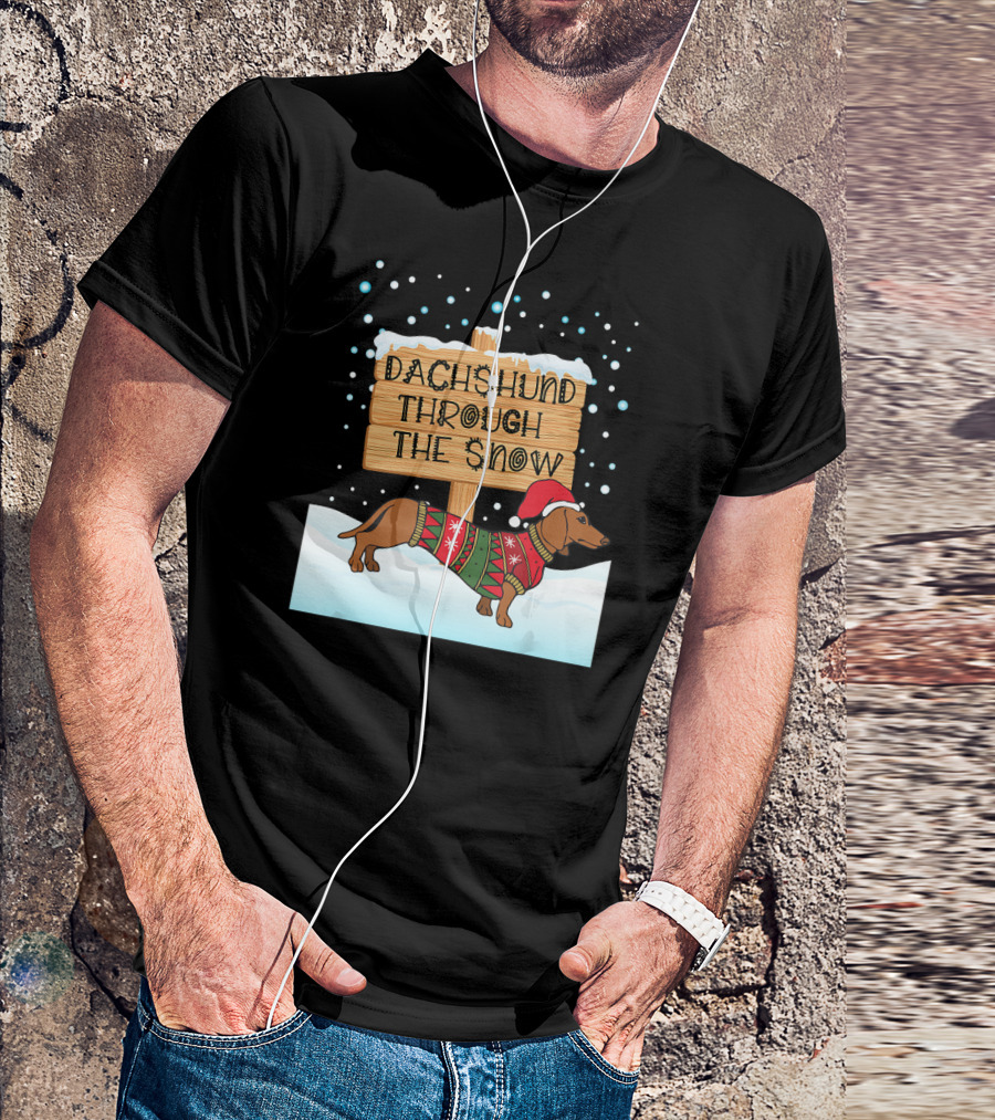 Dachshund Through The Snow Festive Dog With Santa Hat T-Shirt