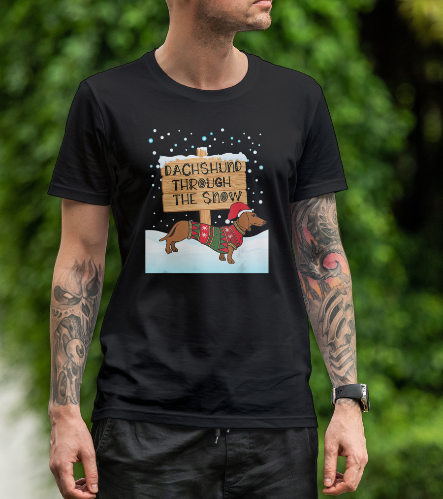 Dachshund Through The Snow Festive Dog With Santa Hat T-Shirt