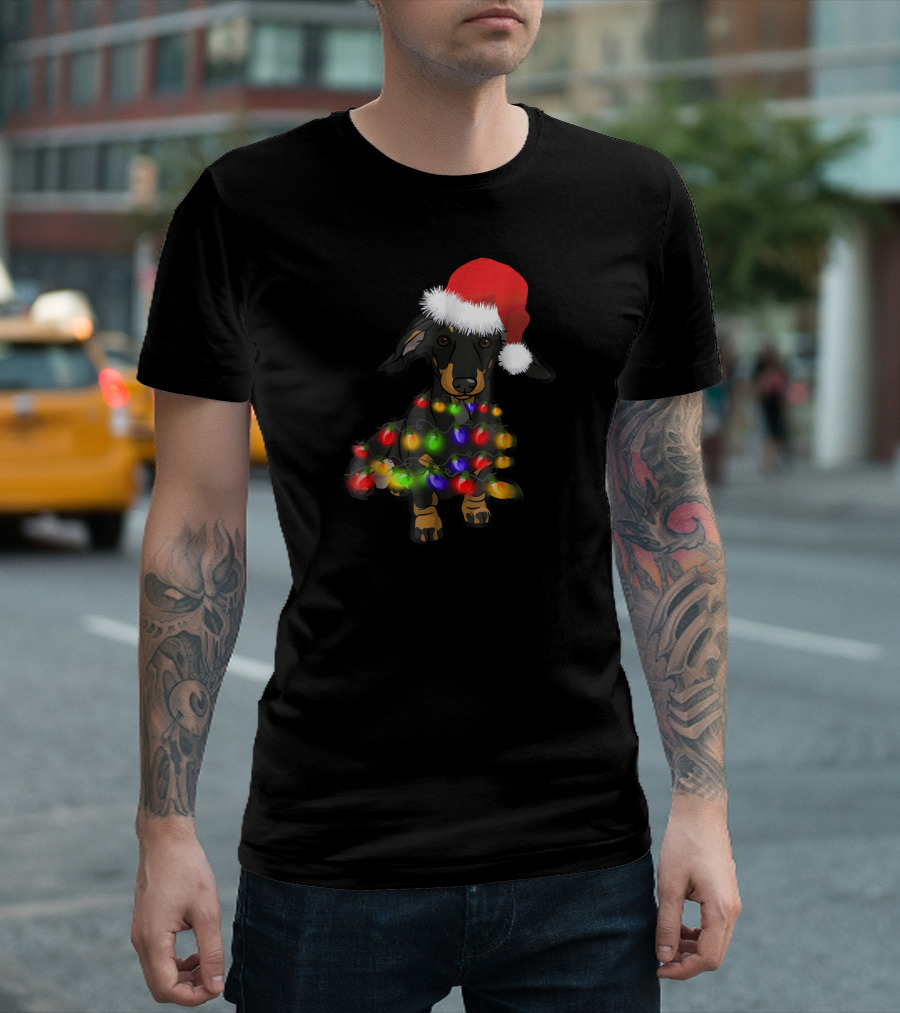 Christmas Dachshund with Santa Hat and Colorful Lights T-Shirt