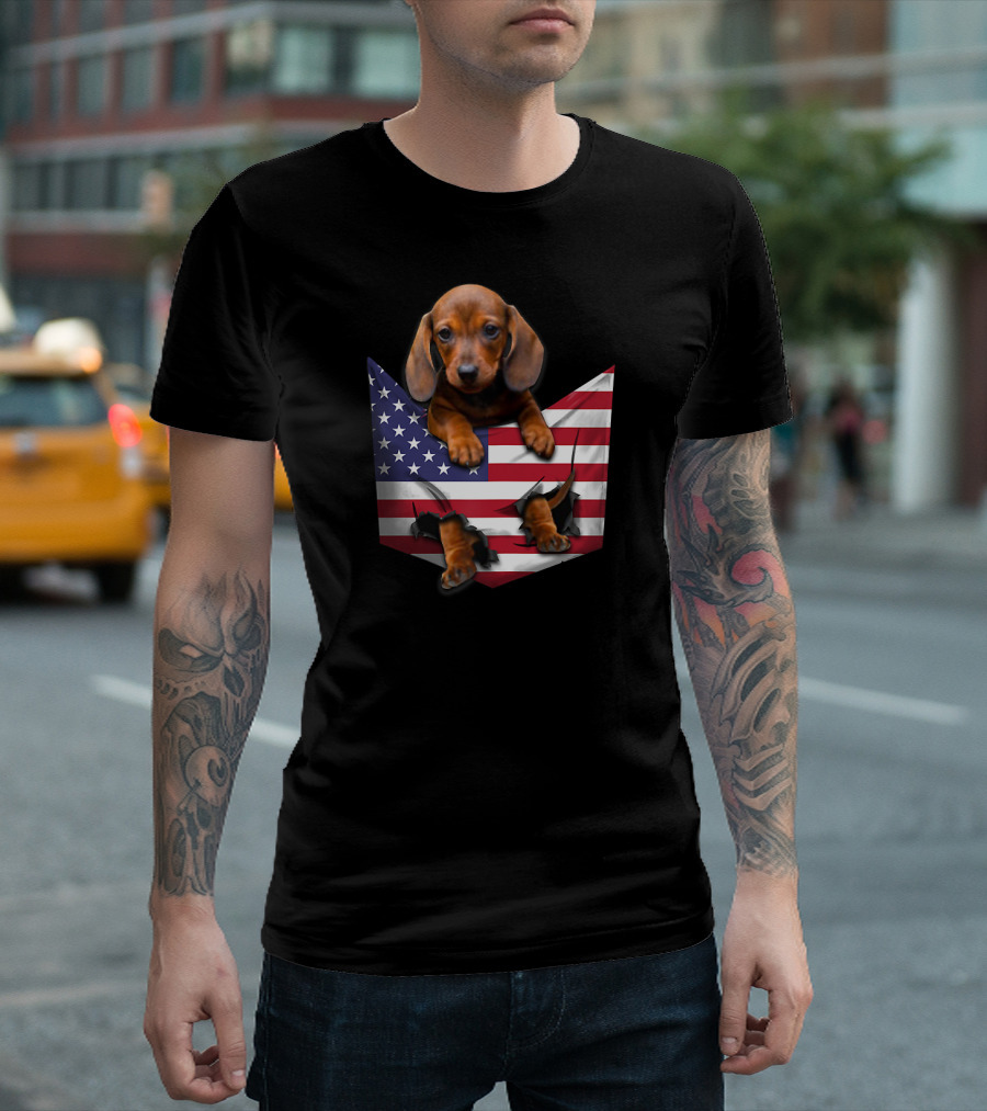 Dachshund Puppy In American Flag Pocket For 4th Of July T-Shirt
