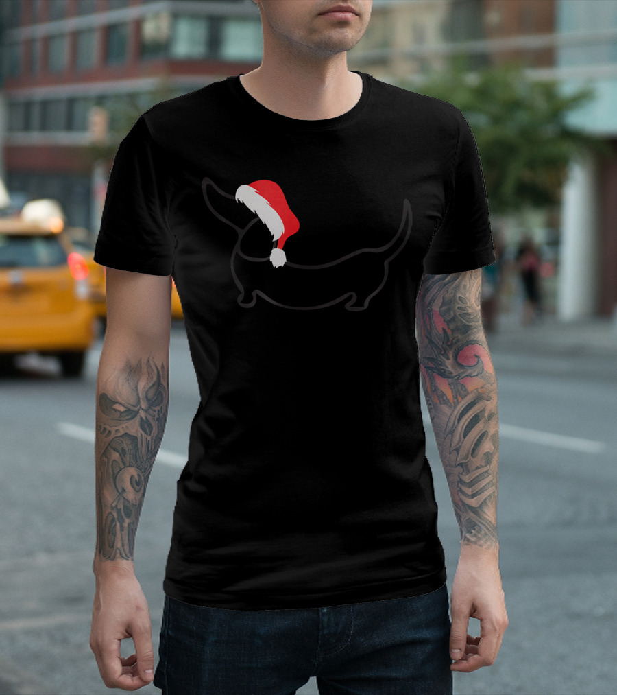 Dachshund Wearing Santa Hat Outline T-Shirt