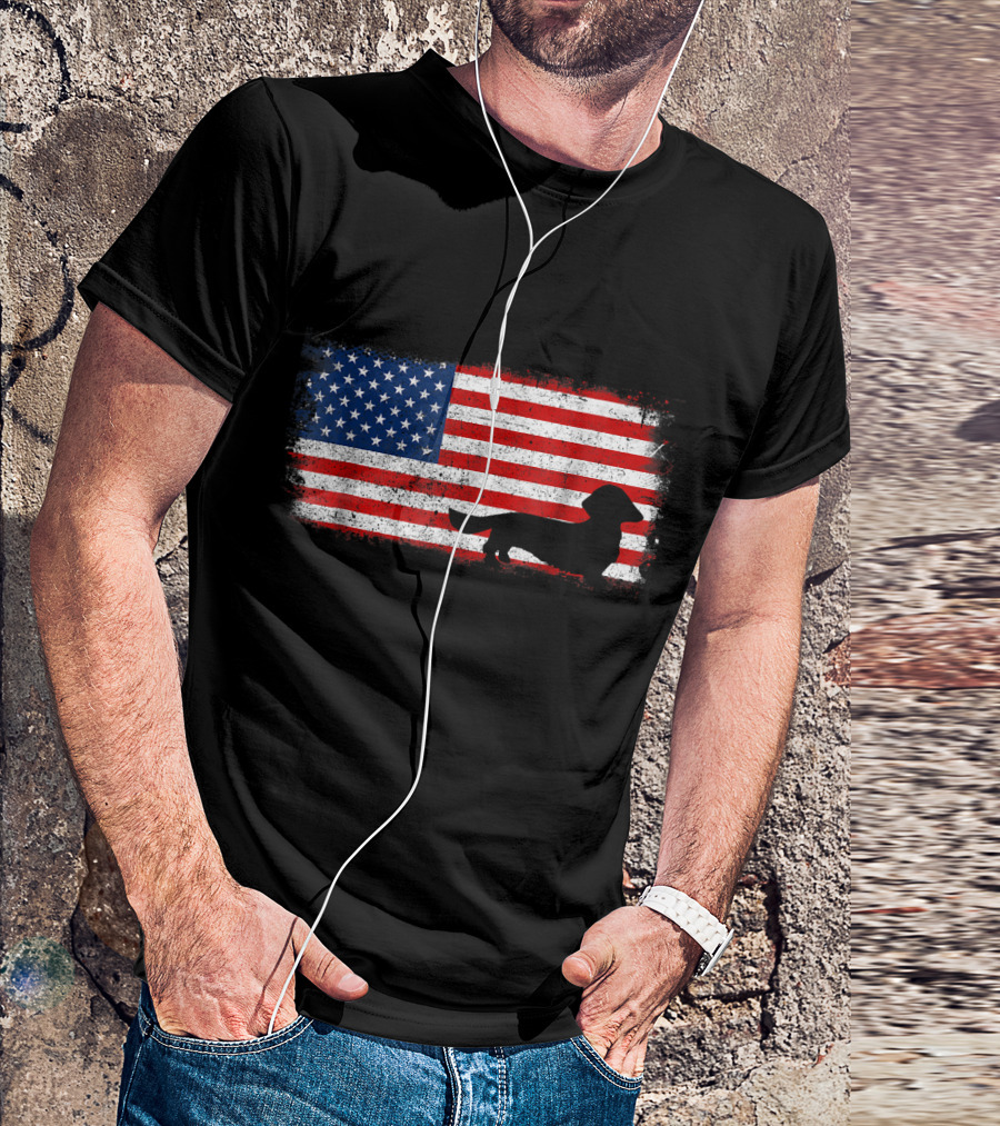 DACHSHUND LONG HAIR Silhouette American Flag T-Shirt