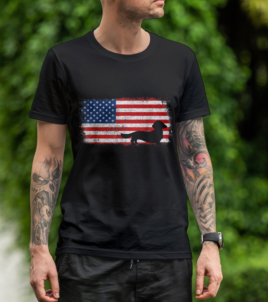 DACHSHUND LONG HAIR Silhouette American Flag T-Shirt
