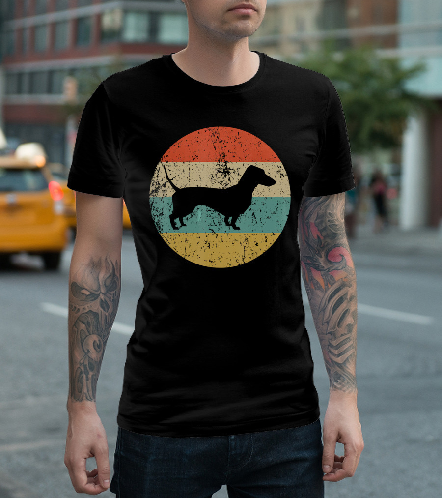 Dachshund Retro Silhouette Vintage Stripes T-Shirt