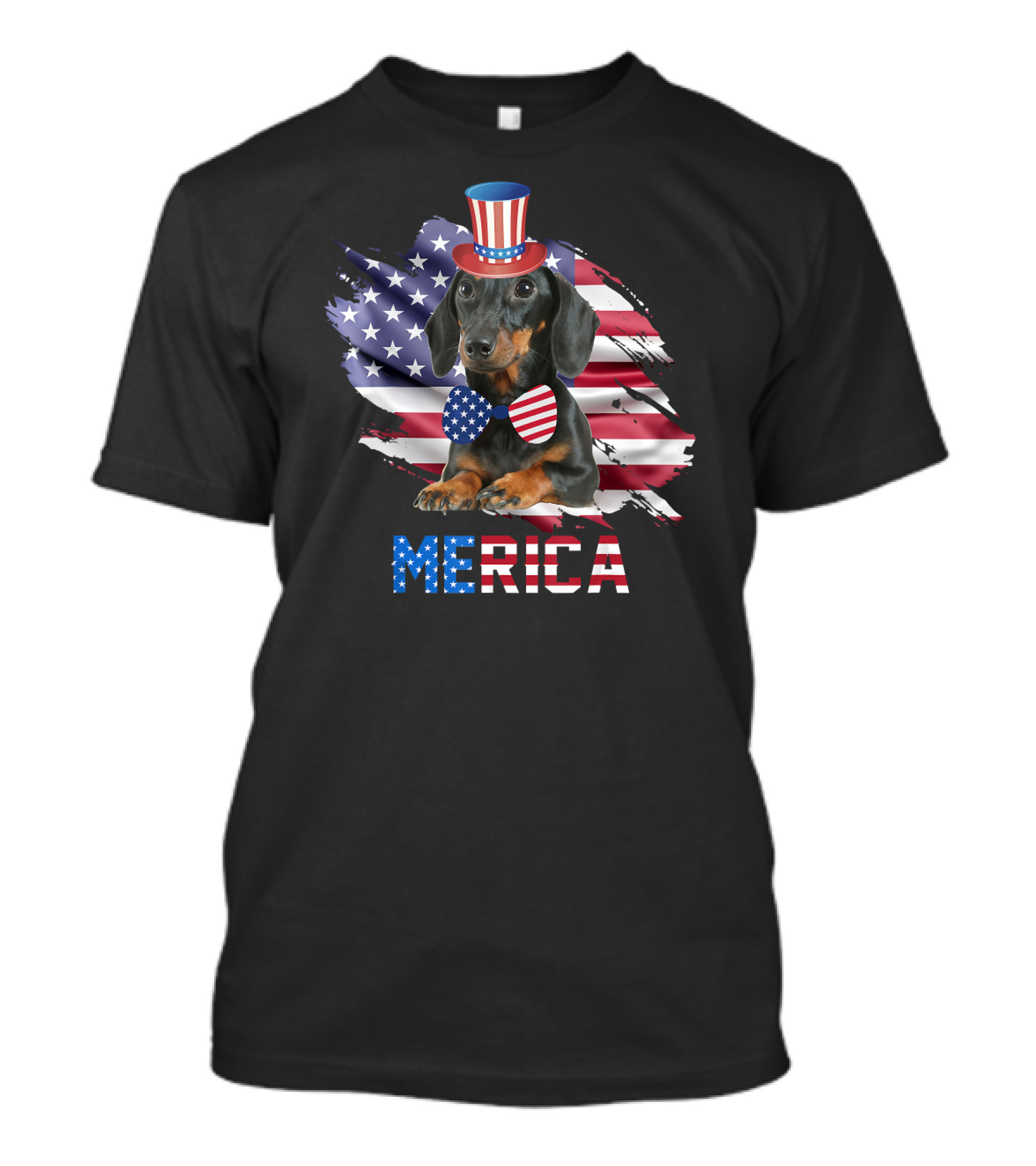 Dachshund Merica American Flag Hat Bowtie T-Shirt
