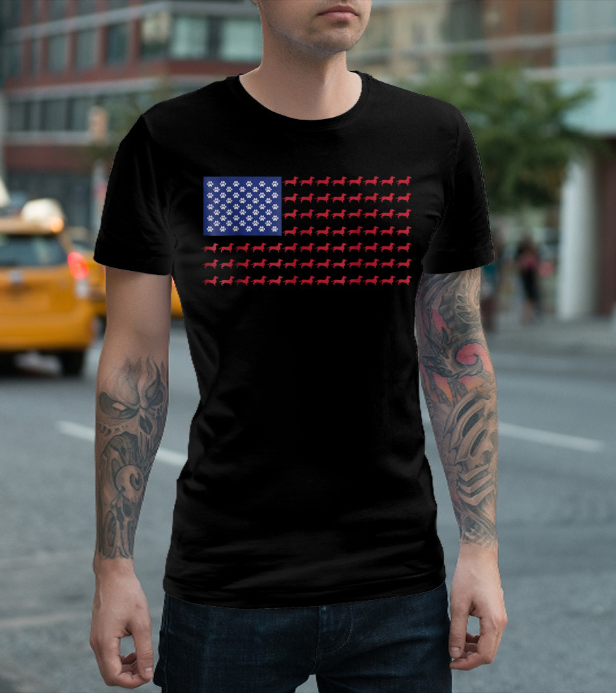 Dachshund Paw Print American Flag T-Shirt