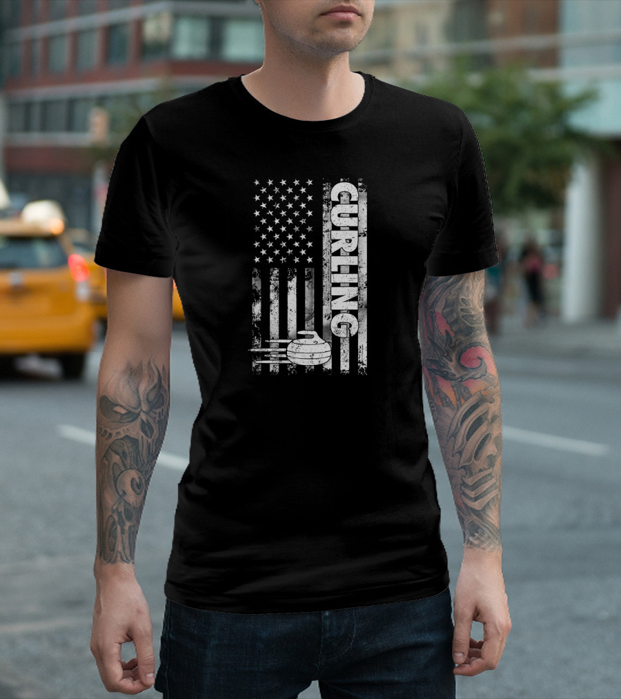 USA Flag Curling with Curling Rock T-Shirt