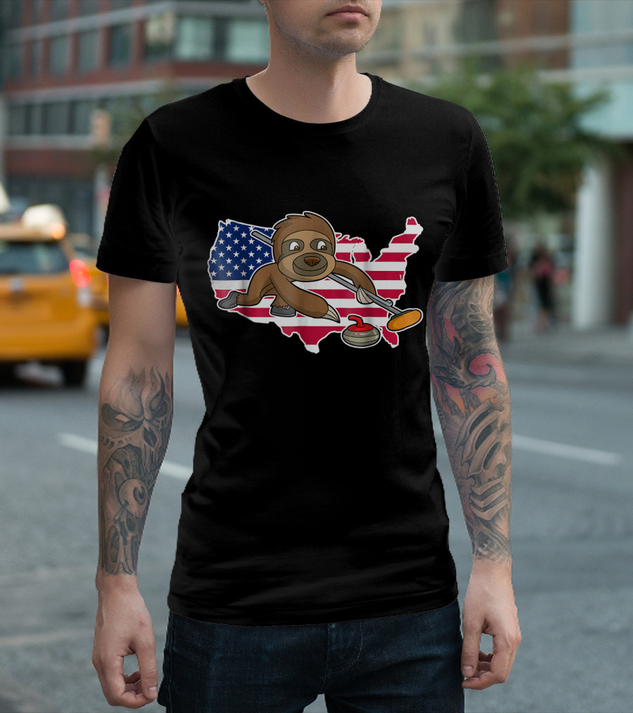 USA Flag Sloth Curling T-Shirt