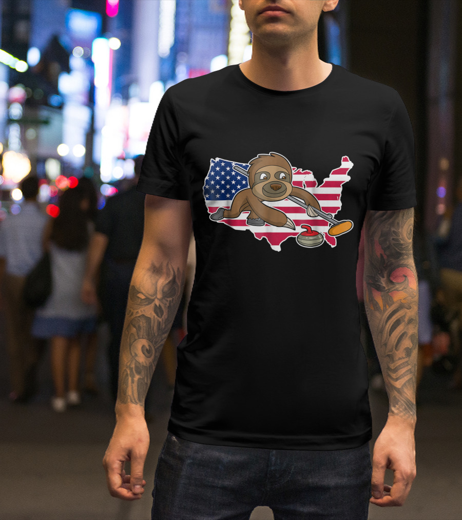 USA Flag Sloth Curling T-Shirt
