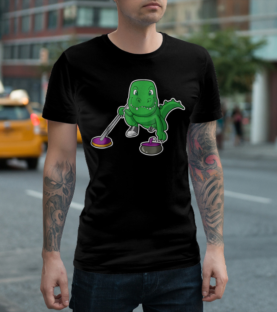 Curling Dinosaur Rex with Broom and Stone T-Shirt