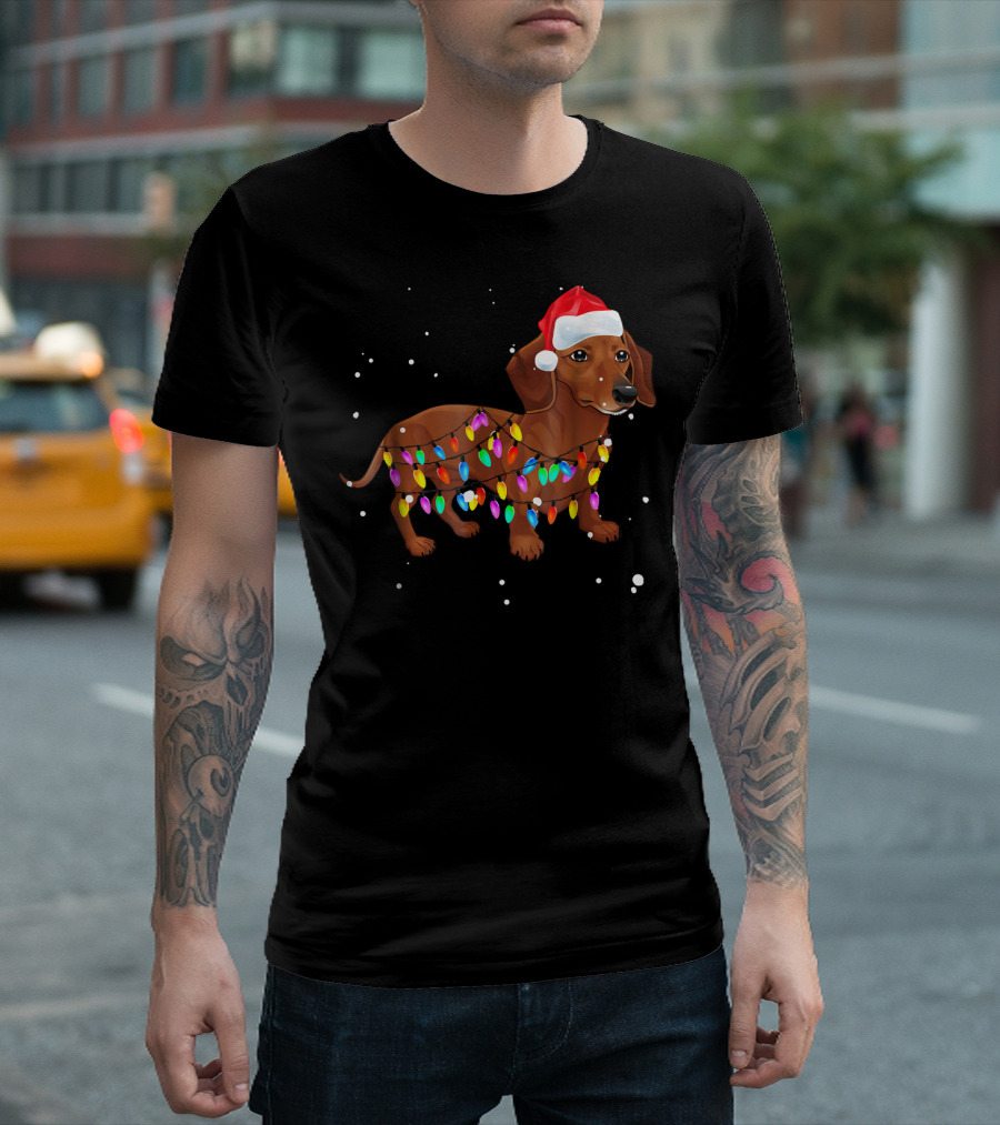 Cute Christmas Lights Dachshund Santa Hat Snowflakes T-Shirt
