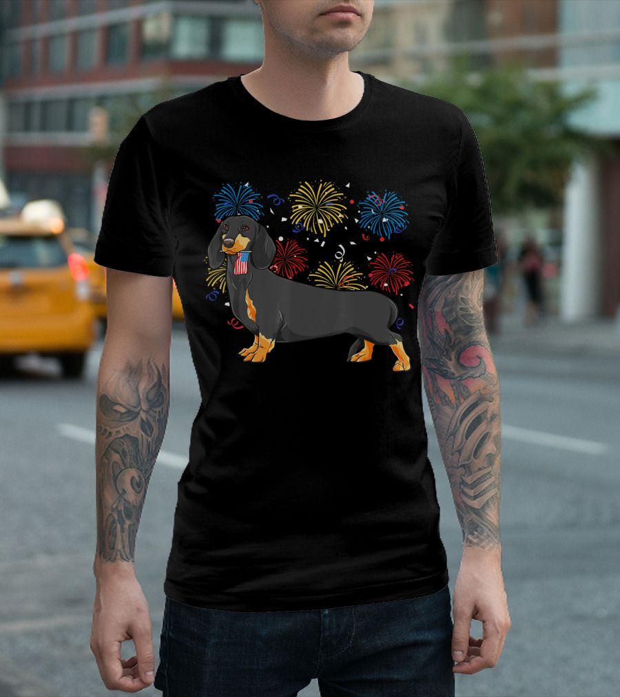 Cute Dachshund Doxie Lover Weiner Dog Fireworks T-Shirt