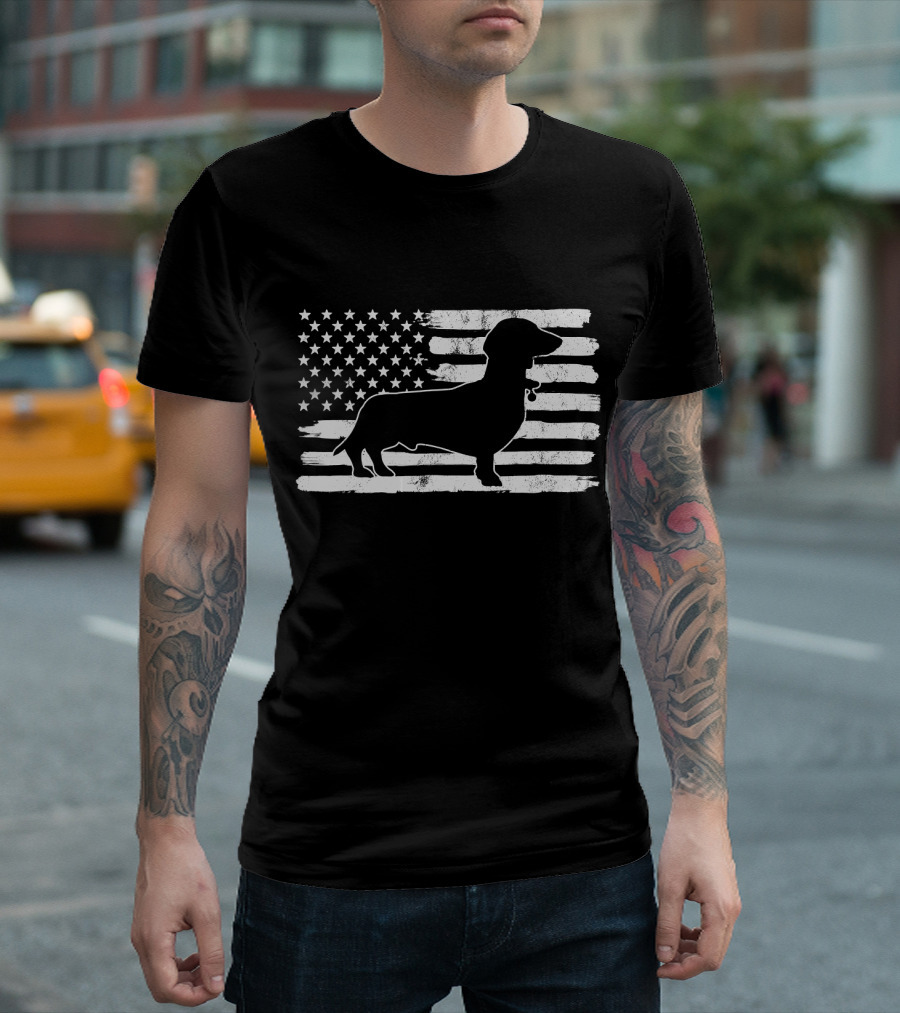 Dachshund Silhouette on Distressed USA Flag 4th of July America T-Shirt