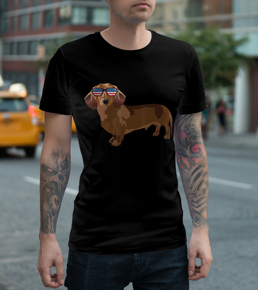 Dachshund Wearing American Flag Sunglasses Funny Dachshund Lover T-Shirt