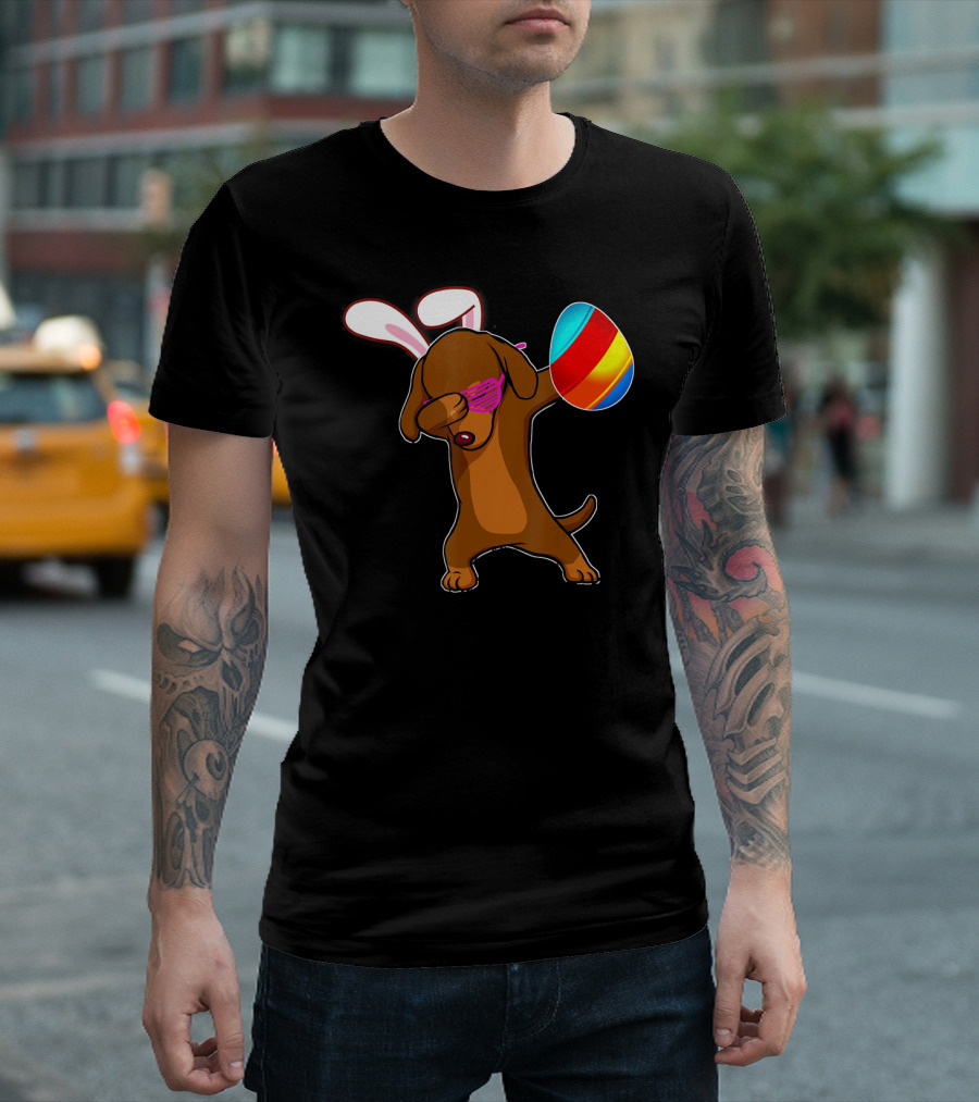 Easter Bunny Dabbing Dachshund Dog with Colorful Egg and Sunglasses T-Shirt