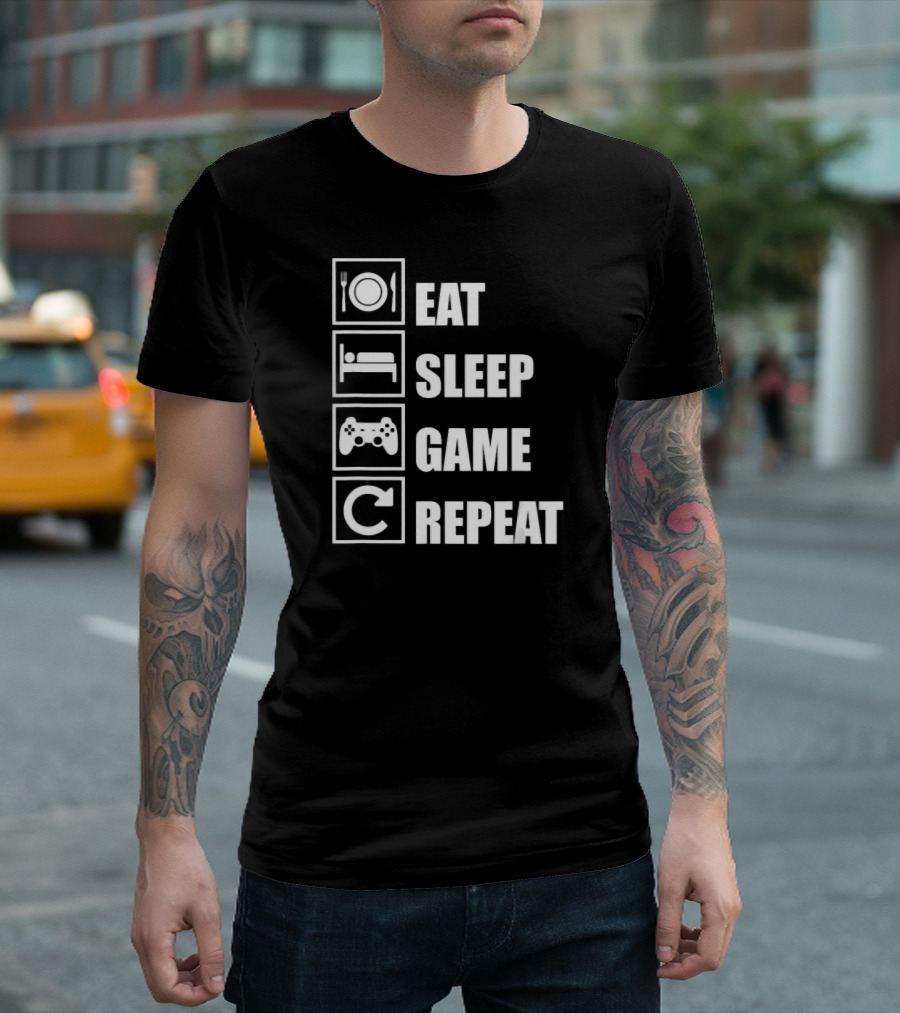 Eat Sleep Game Repeat Gamer Controller Plate Bed Cycle T-Shirt