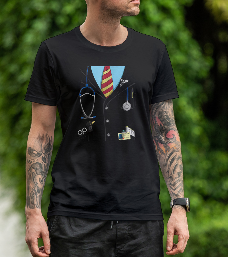 Funny Doctor Costume Lab Coat Stethoscope Hospital Badge Tie T-Shirt
