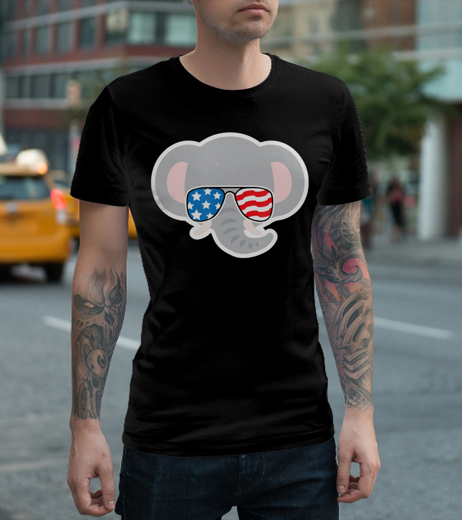 July 4th USA Elephant With American Flag Sunglasses T-Shirt