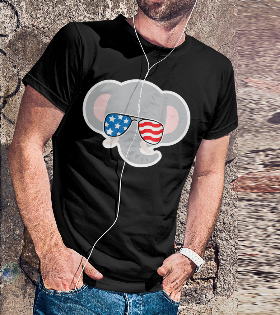 July 4th USA Elephant With American Flag Sunglasses T-Shirt