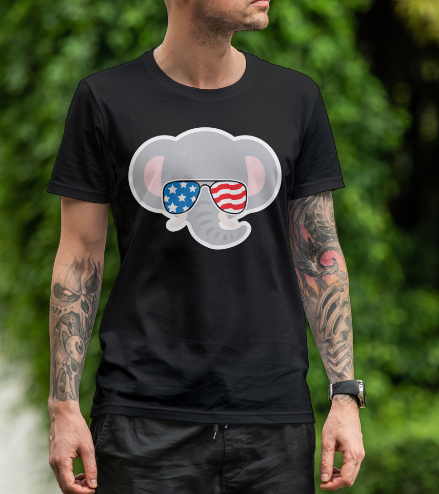 July 4th USA Elephant With American Flag Sunglasses T-Shirt