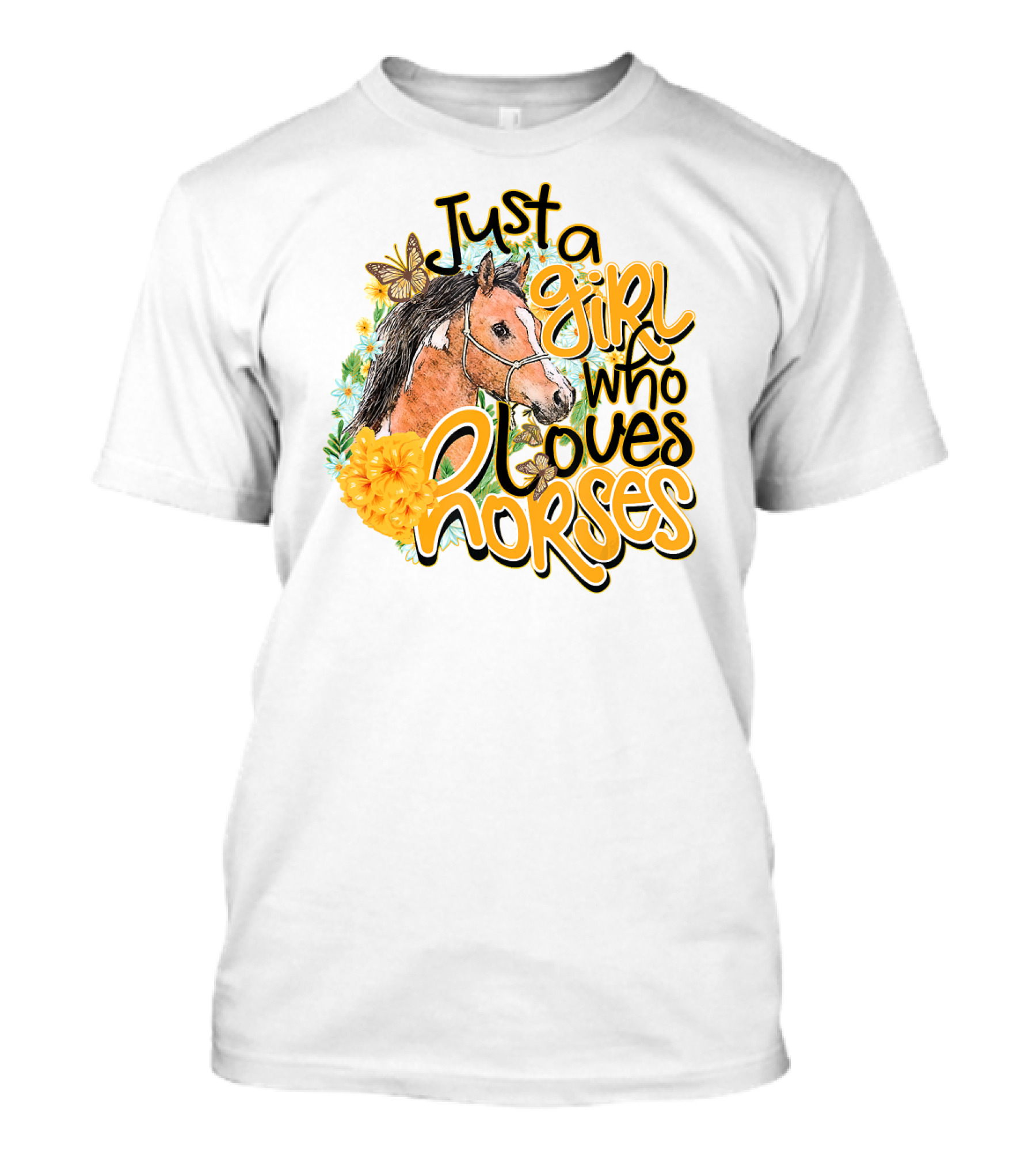 Just A Girl Who Loves Horses With Floral And Butterfly Accents T-Shirt