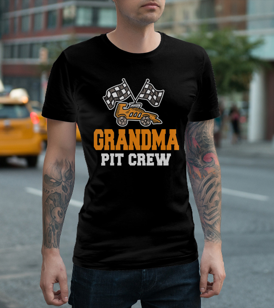 Grandma Pit Crew Racing Car with Checkered Flags T-Shirt