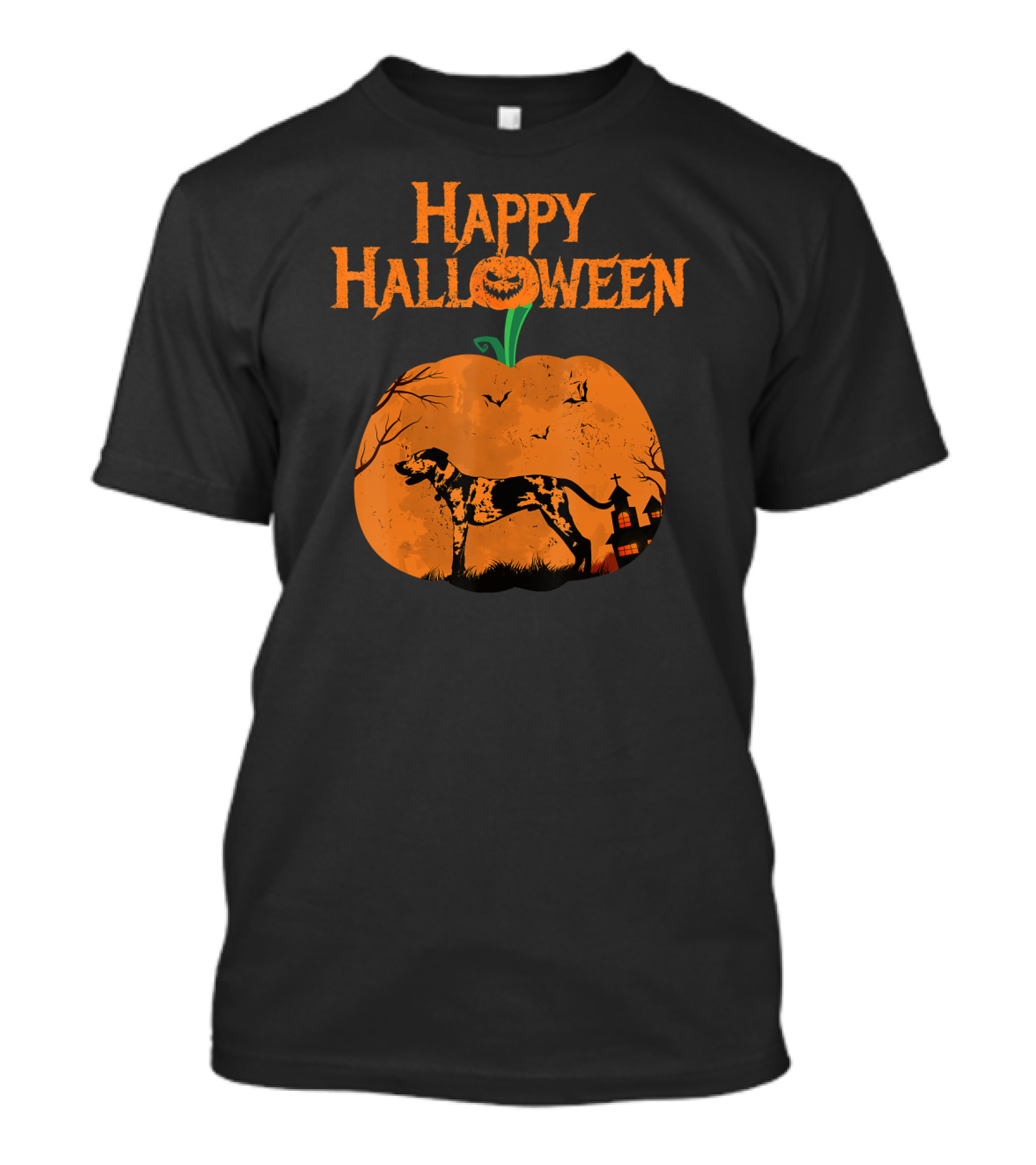 Happy Halloween Pumpkin Dalmatian Dog Silhouette With Haunted House And Bats T-Shirt