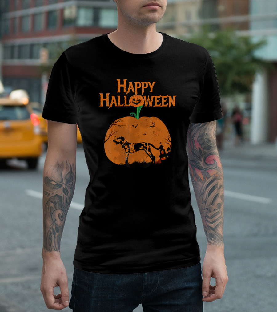 Happy Halloween Pumpkin Dalmatian Dog Silhouette With Haunted House And Bats T-Shirt