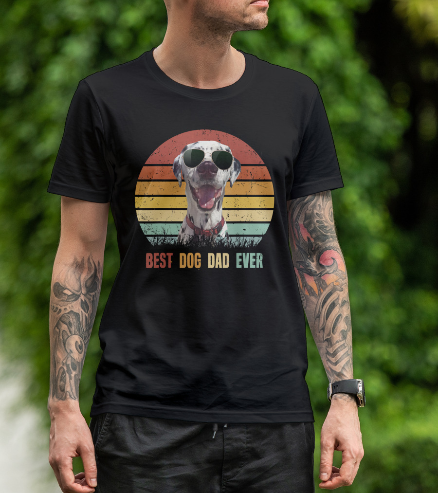Mens Best Dog Dad Ever Dalmatian Vintage Retro Sunglasses T-Shirt