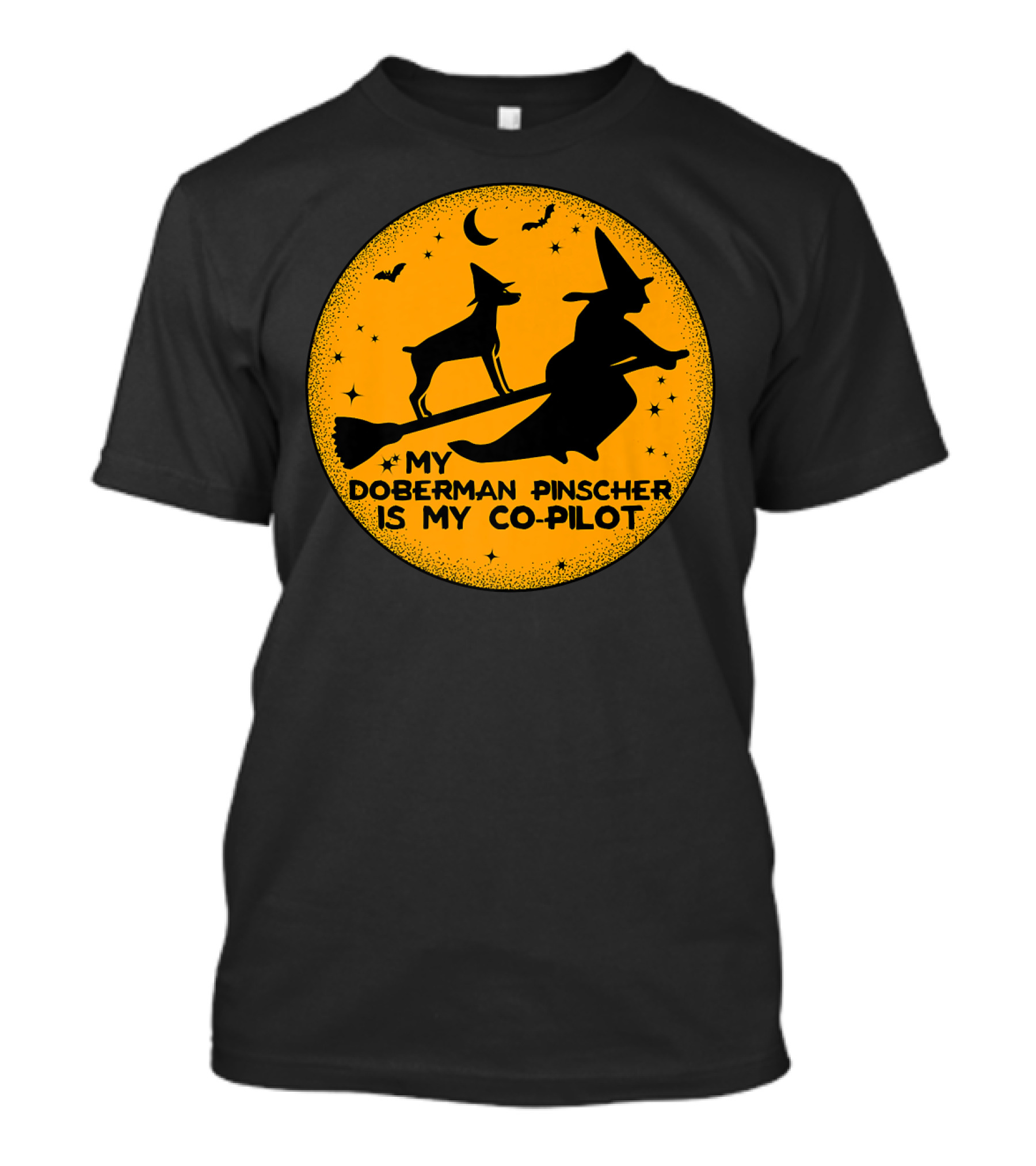 My Doberman Pinscher Is My Co Pilot Witch Halloween Broom Silhouette Moon Bats T-Shirt