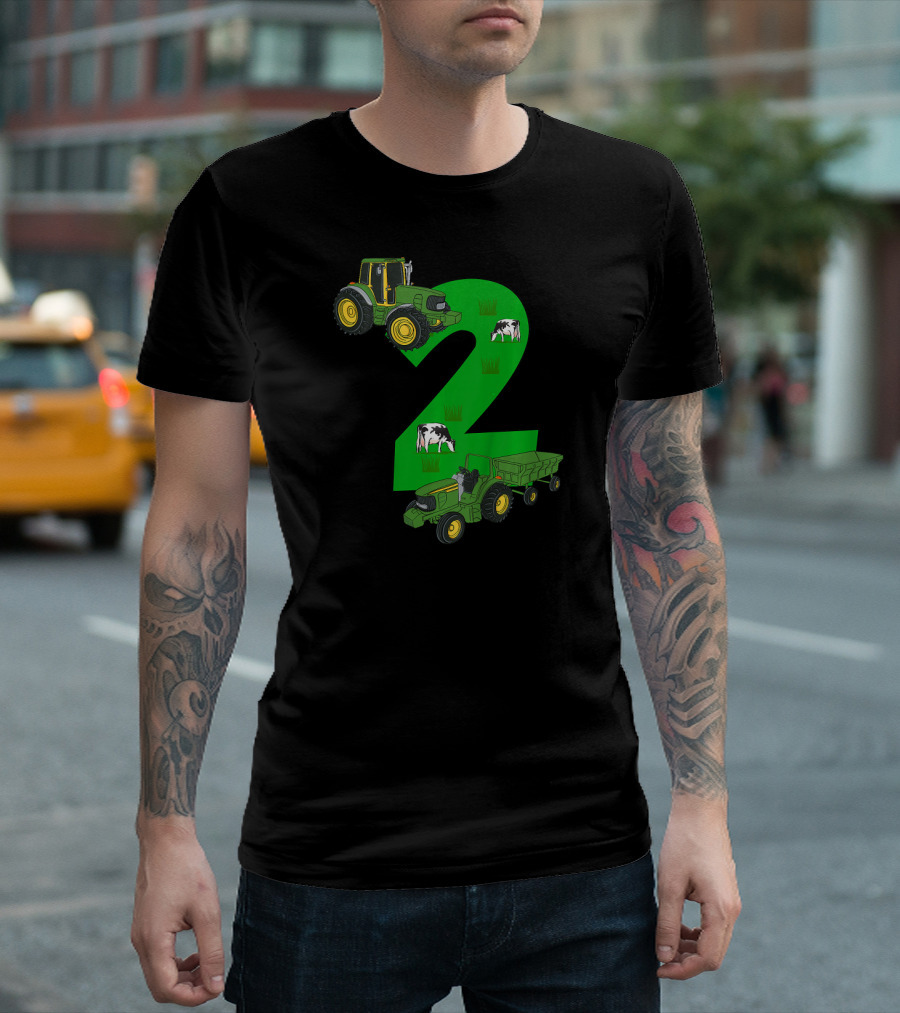 Kids 2nd Birthday Boys Tractor Farmer Green Number Two With Cows And Grass T-Shirt