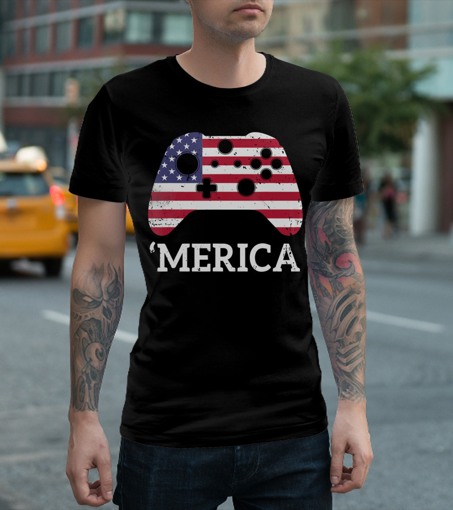 Merica 4th Of July Gamer Kids Boys American Flag Controller T-Shirt