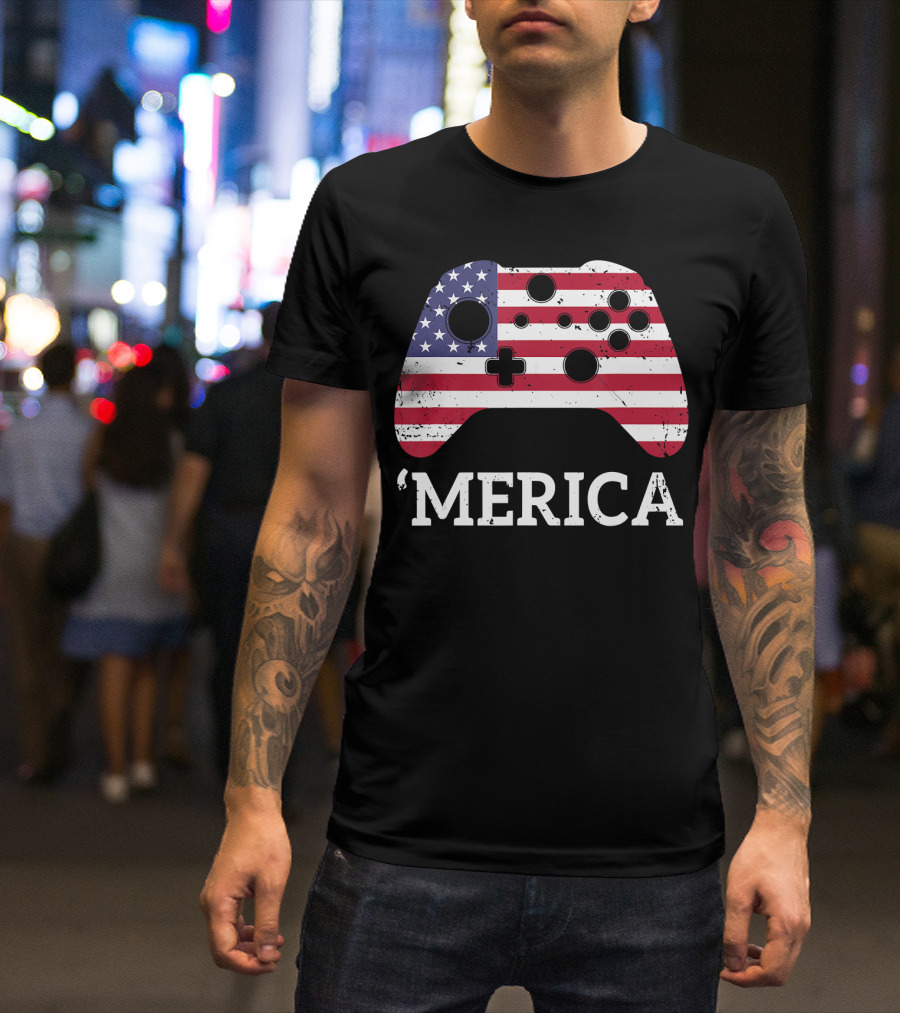 Merica 4th Of July Gamer Kids Boys American Flag Controller T-Shirt