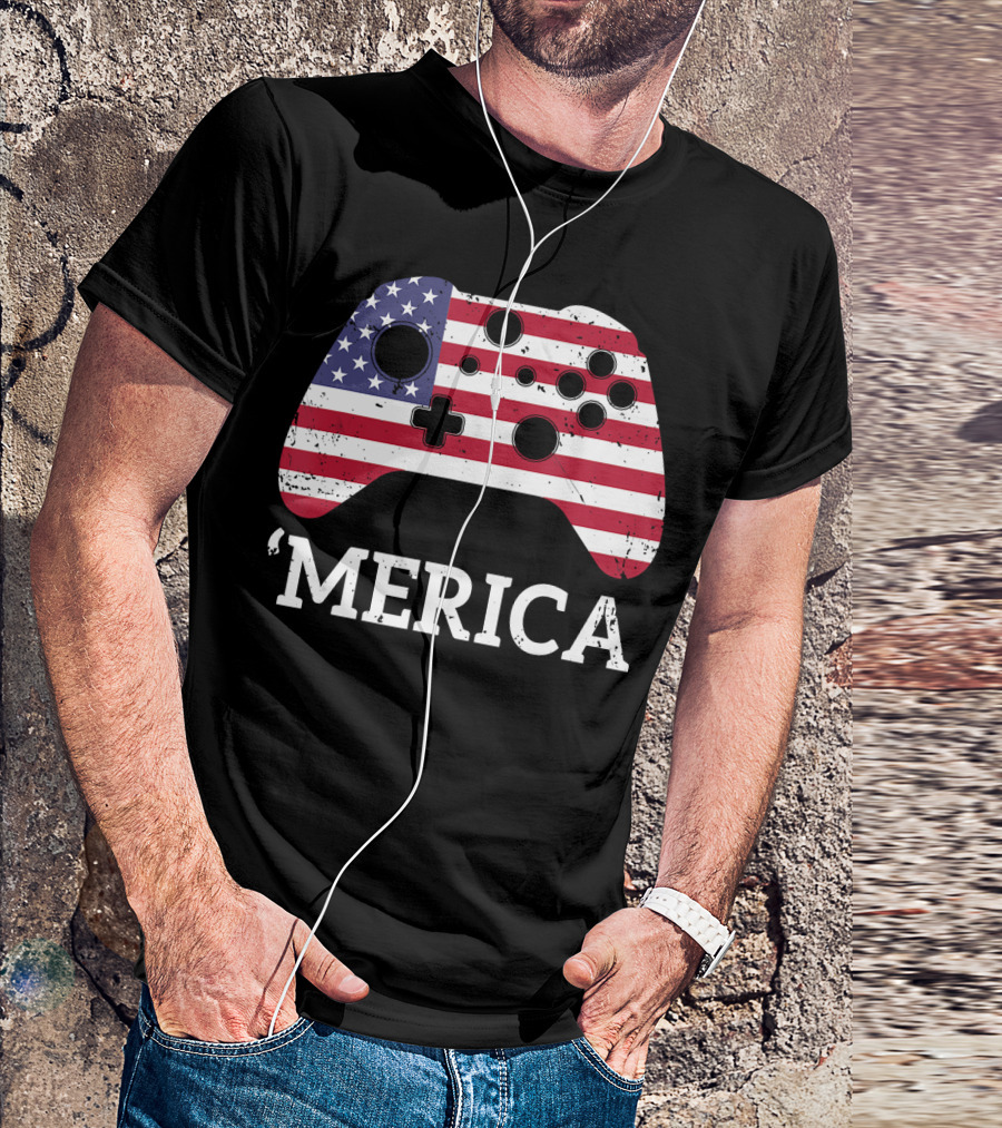 Merica 4th Of July Gamer Kids Boys American Flag Controller T-Shirt