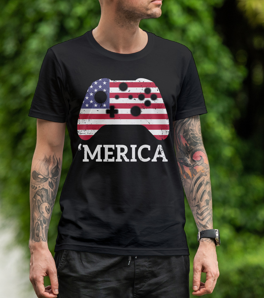 Merica 4th Of July Gamer Kids Boys American Flag Controller T-Shirt