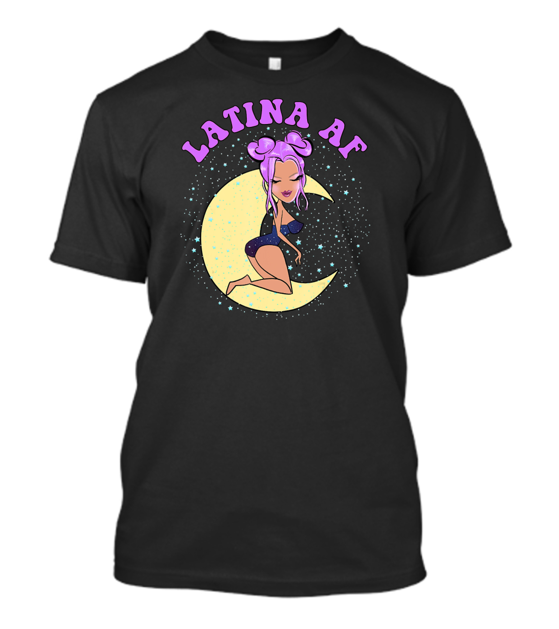 Latina AF Cute Drawing With Purple Hair On Moon And Stars T-Shirt