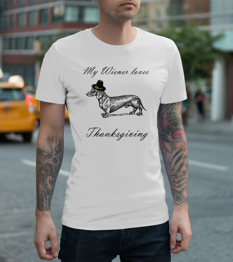 My Wiener Loves Thanksgiving Dachshund With Pilgrim Hat T-Shirt