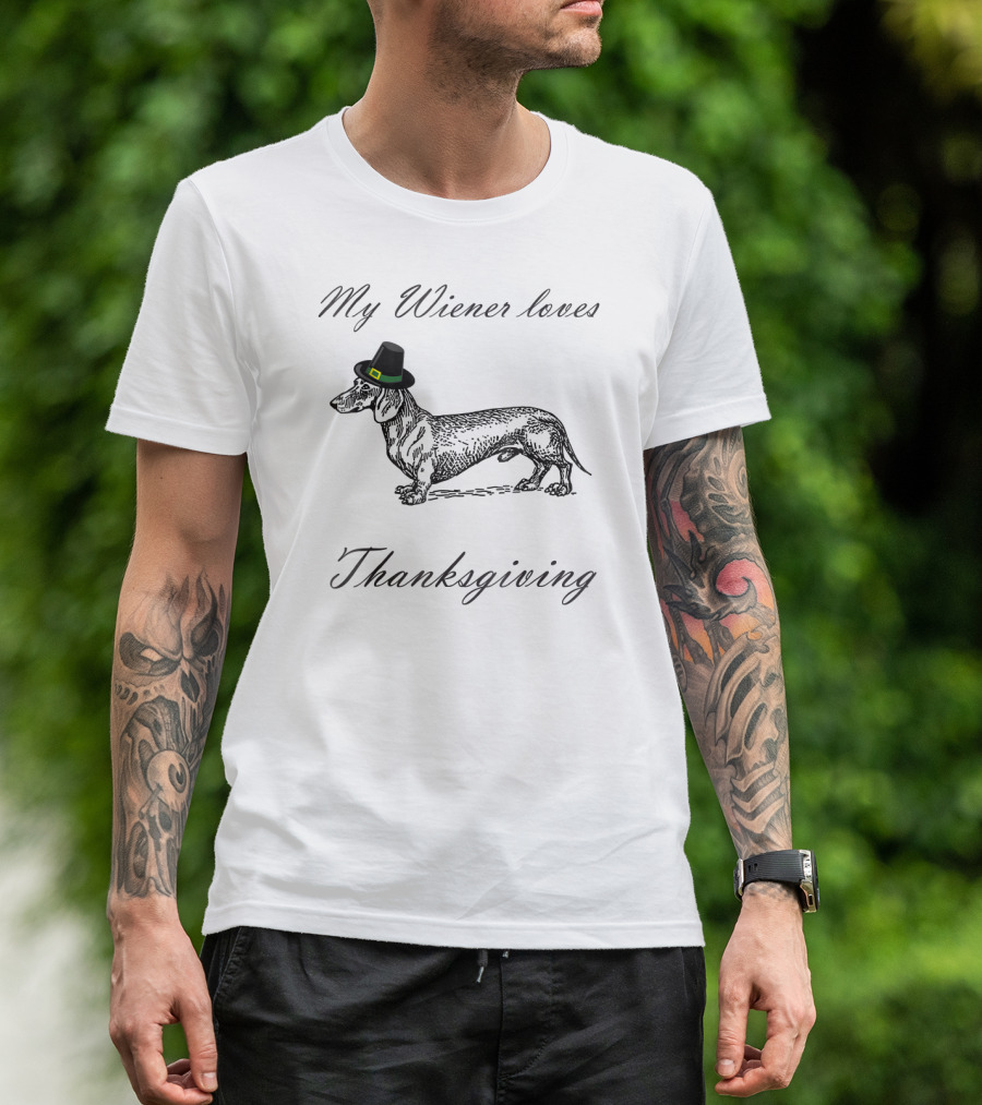 My Wiener Loves Thanksgiving Dachshund With Pilgrim Hat T-Shirt