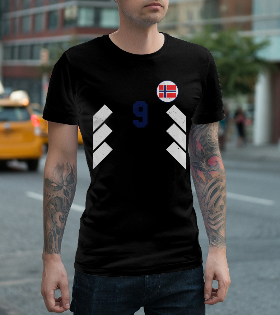 Norway Football Soccer Jersey Norge Number 9 With Flag And Chevron T-Shirt