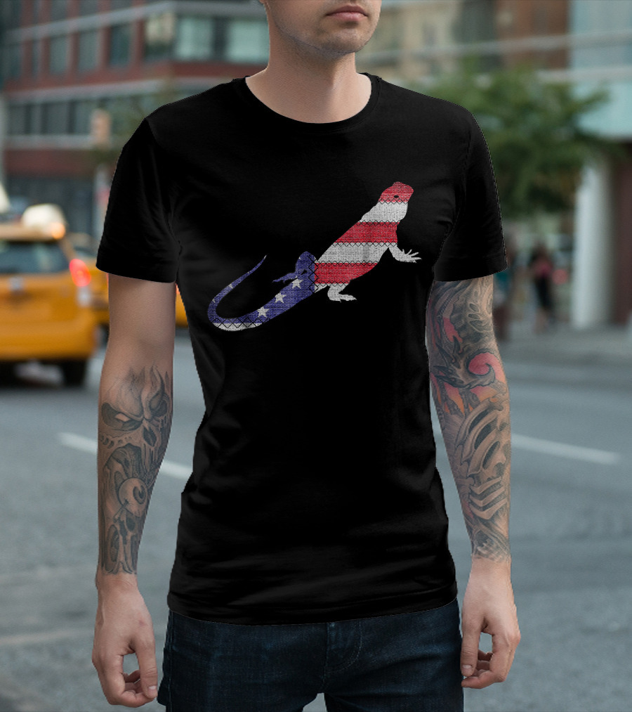 Patriotic Bearded Dragon American Flag Scales Embr T-Shirt