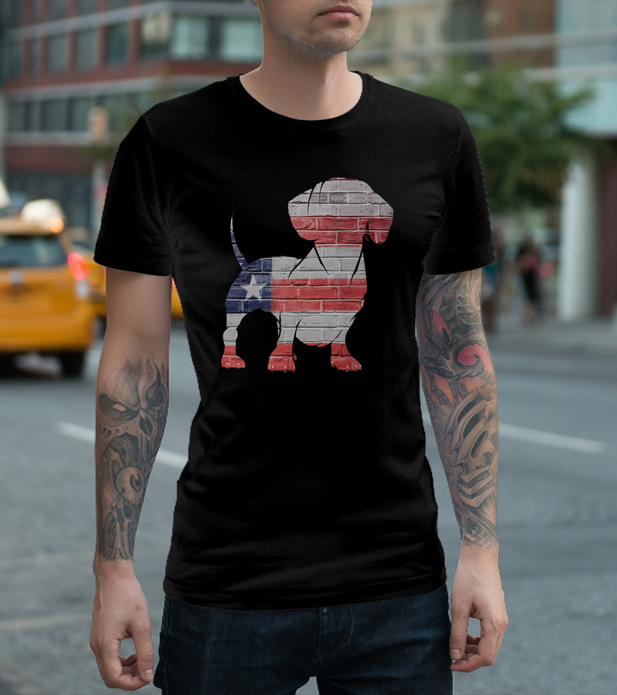 USA Flag Brick Wall Patterned Dachshund T-Shirt