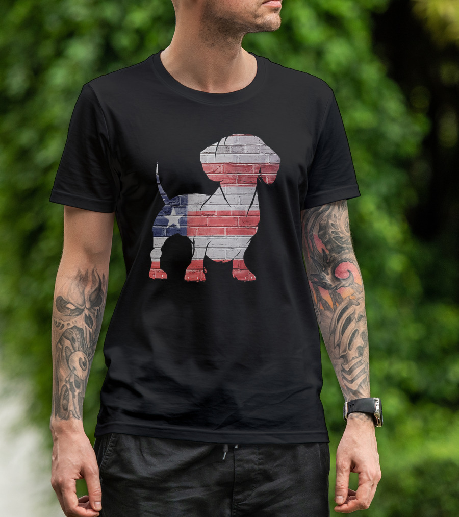 USA Flag Brick Wall Patterned Dachshund T-Shirt