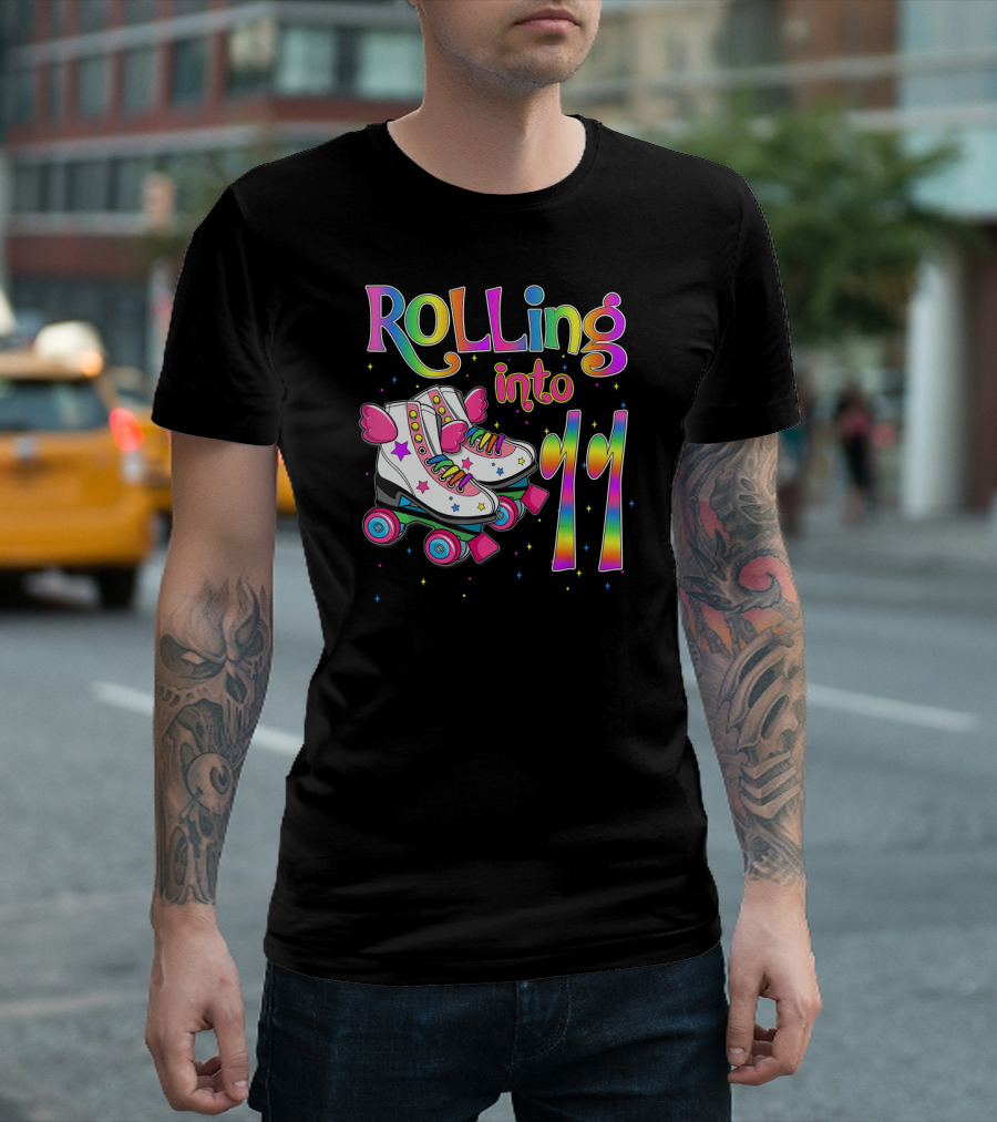 Rolling Into 11 Rainbow Roller Skates Birthday T-Shirt
