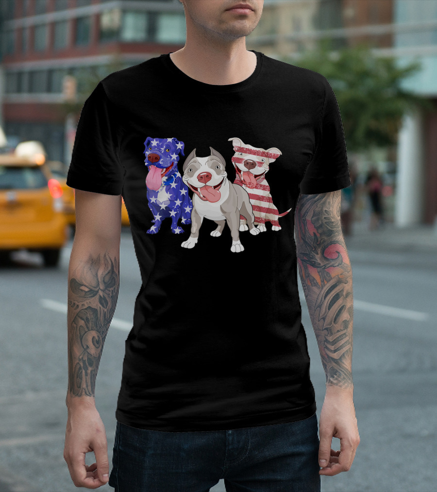 Three Pitbulls American Flag July T-Shirt