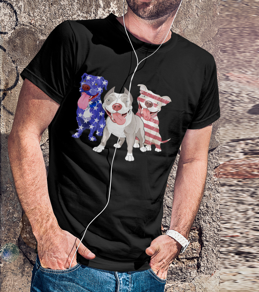 Three Pitbulls American Flag July T-Shirt