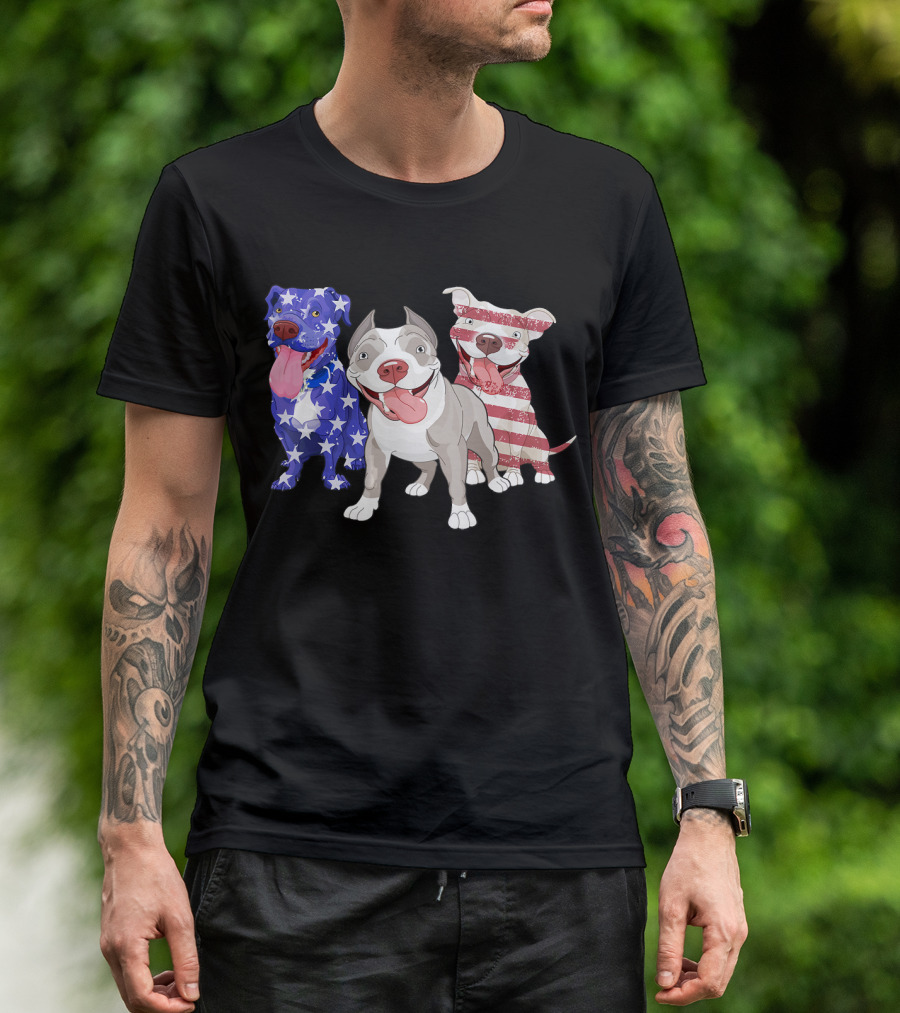 Three Pitbulls American Flag July T-Shirt